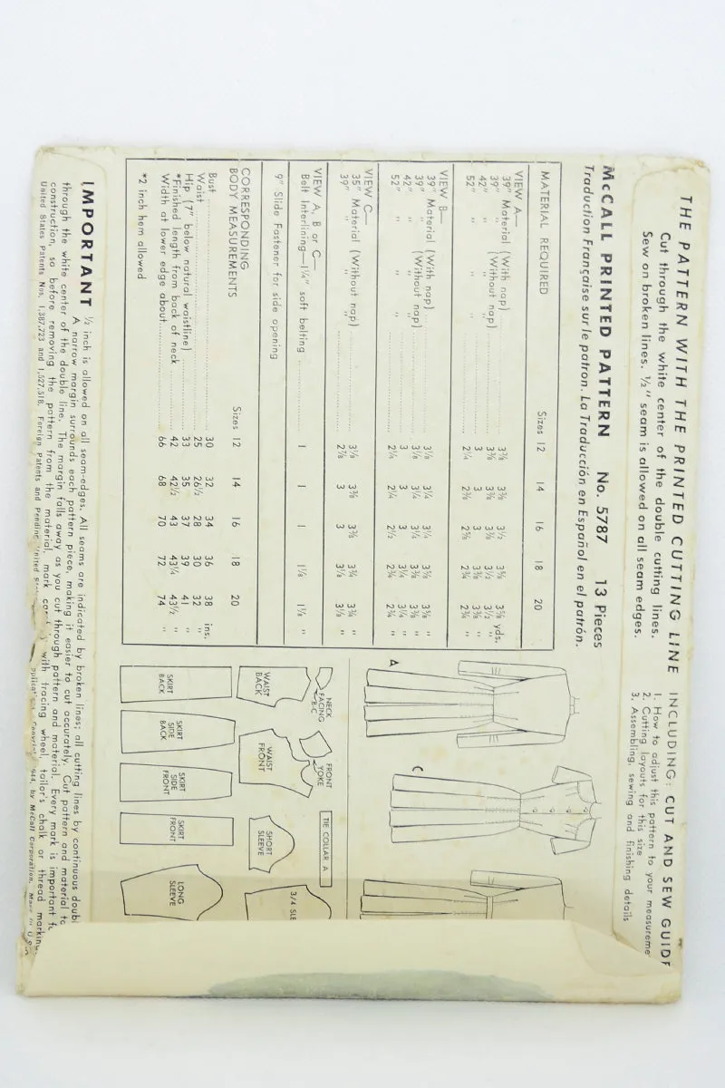 1944 Vintage McCall 5787 Dress Sewing Pattern