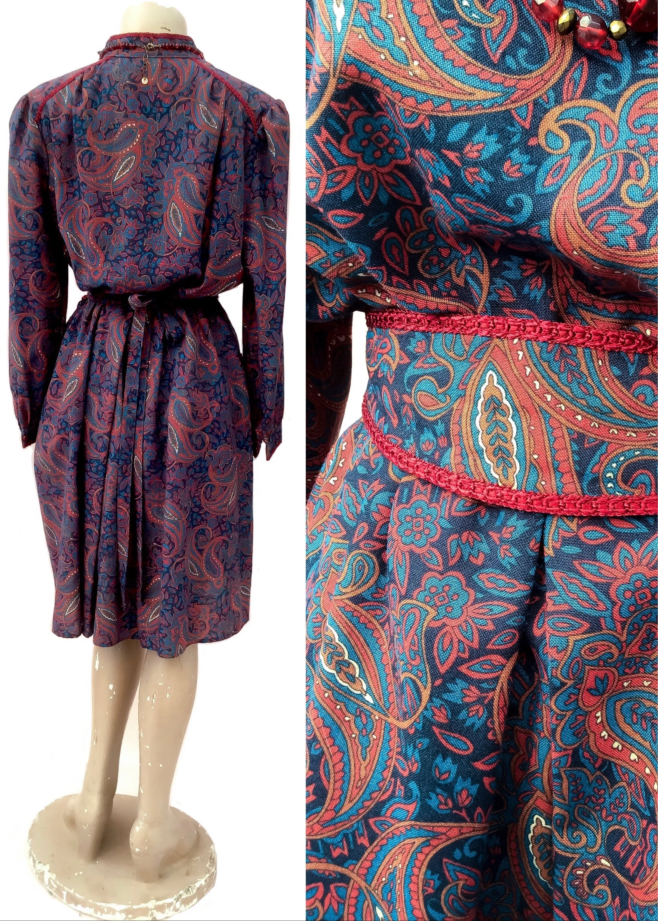 1970s Vintage Burgundy and Blue Paisley Cossack Dress for Autumn