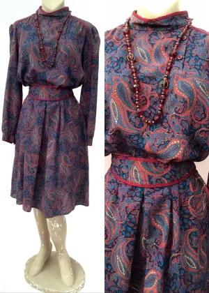 1970s Vintage Burgundy and Blue Paisley Cossack Dress for Autumn