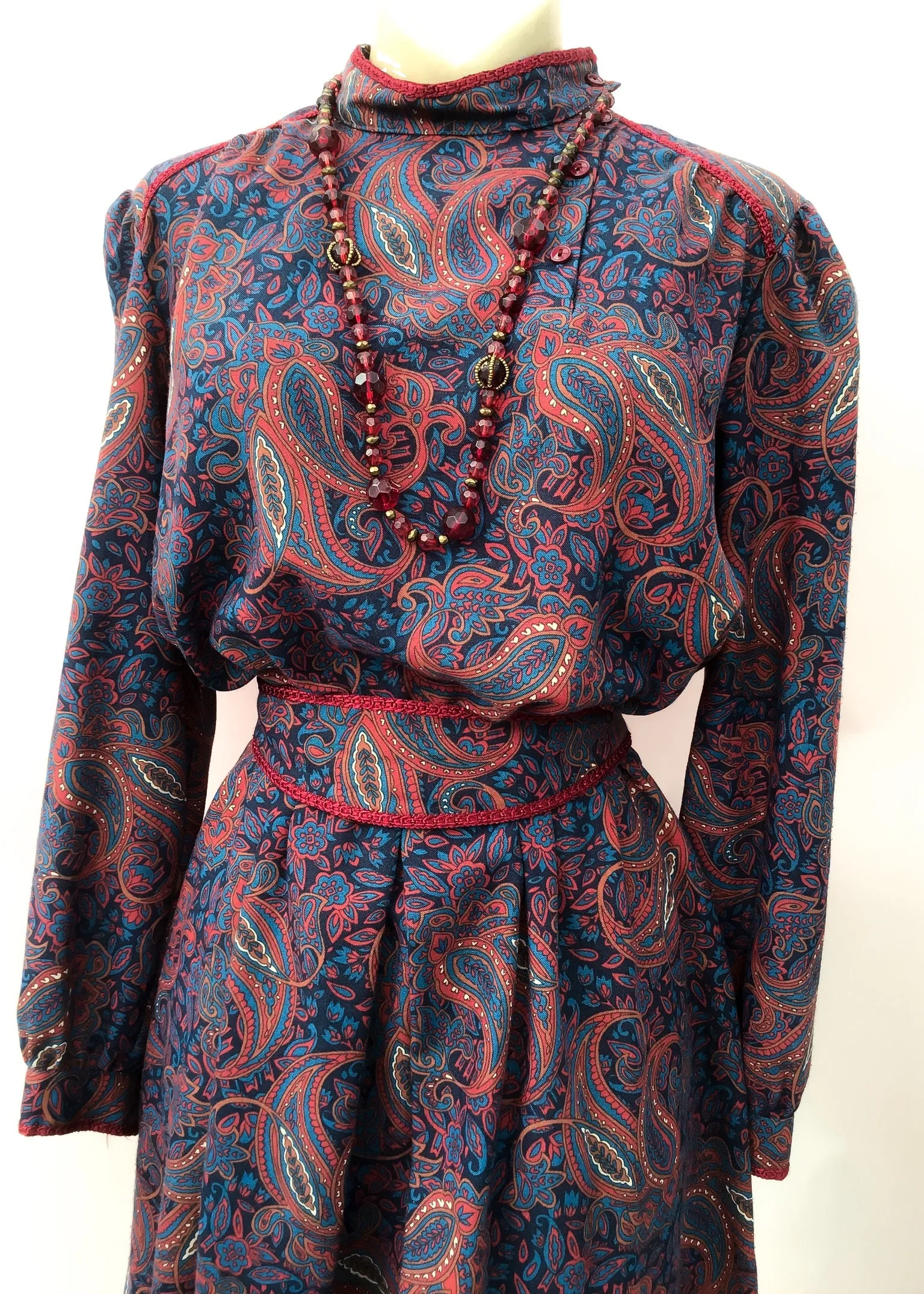 1970s Vintage Burgundy and Blue Paisley Cossack Dress for Autumn