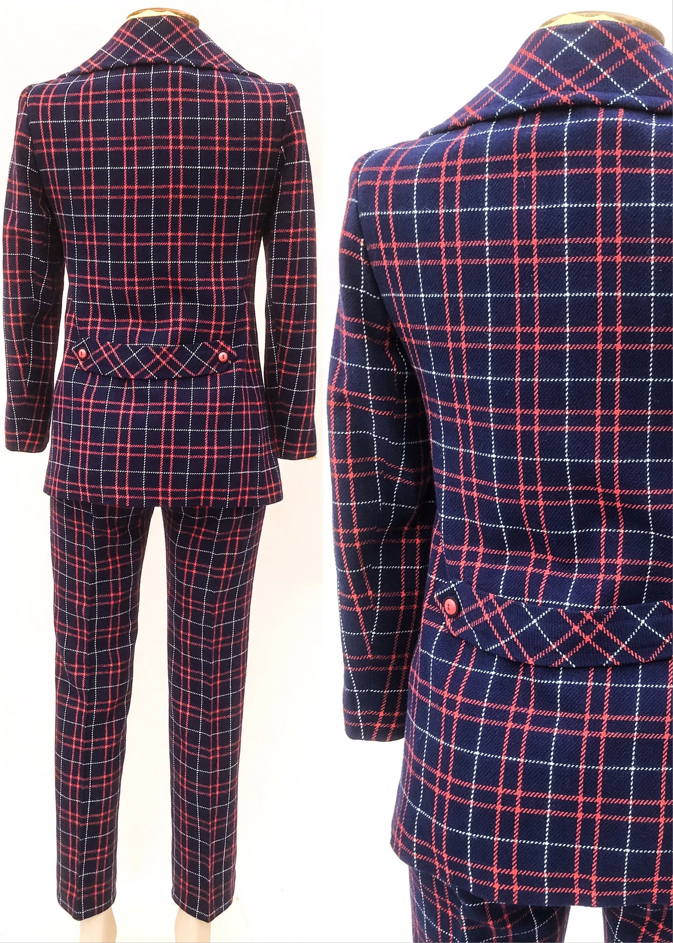 1970s Vintage Women’s Blue Plaid Tartan Wool Trouser Suit • Windsmoor