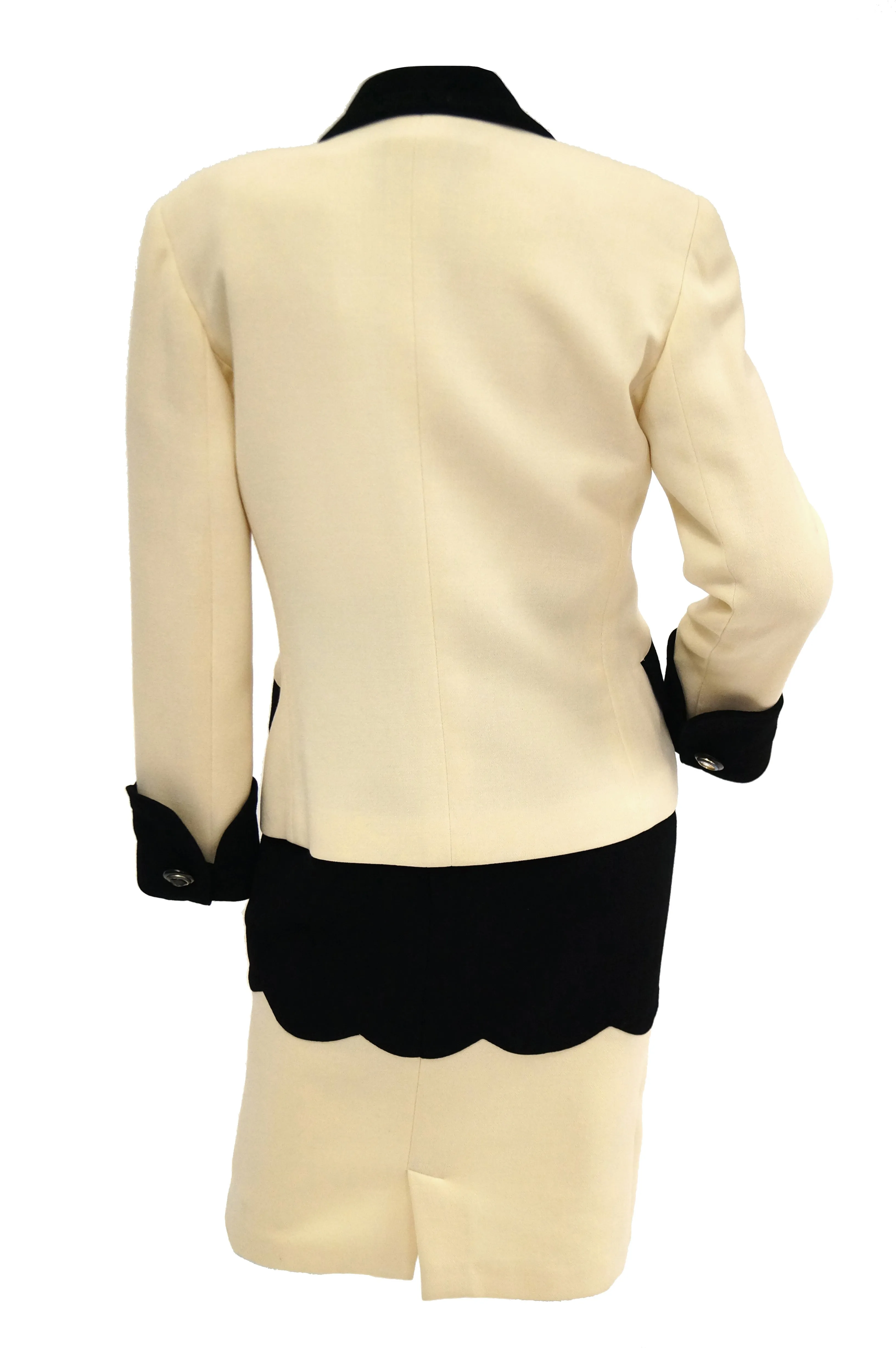 1980s Fontana Couture for Amen Wardy Cream and Black Scallop Suit Dress