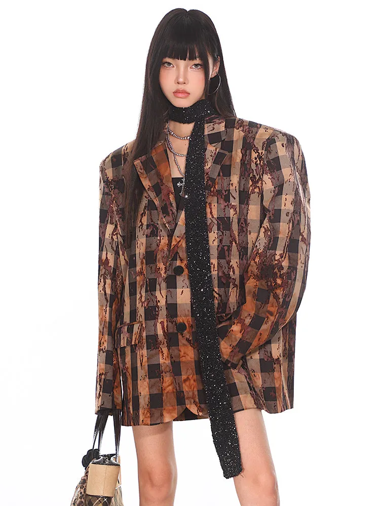 【24s Nov.】Niche Flame Flocked Plaid Suit Jacket