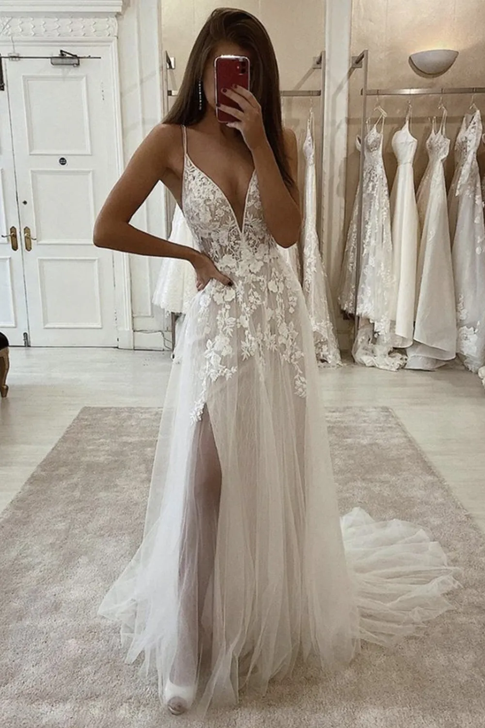 A Line Ivory Lace Long Prom Dress with Slit, Ivory Lace Wedding Dresses, Long Ivory Formal Evening Dress