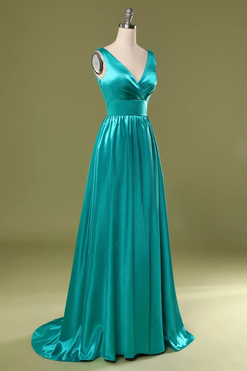 A Line V Neck and V Back Turquoise Long Prom Dress with Slit, Turquoise Formal Graduation Evening Dress