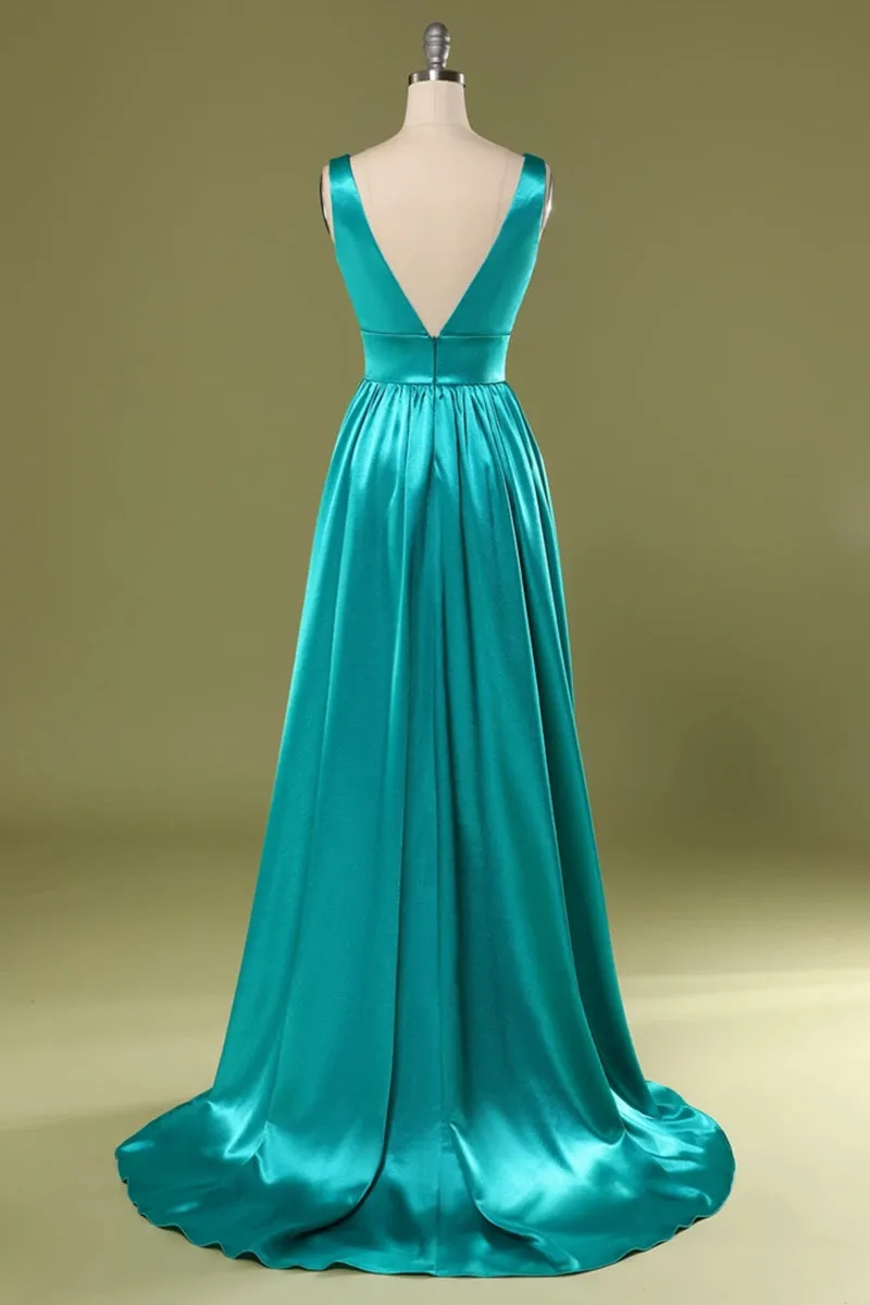 A Line V Neck and V Back Turquoise Long Prom Dress with Slit, Turquoise Formal Graduation Evening Dress