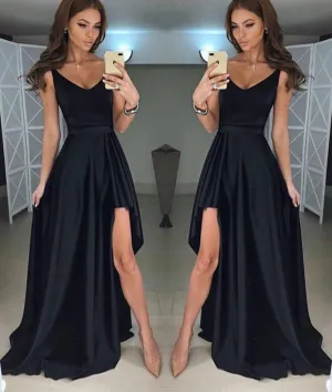 A Line V Neck Asymmetry Floor Length Black Prom Dresses with Pleats, V Neck Black Formal Evening Dresses, Black Graduation Dresses