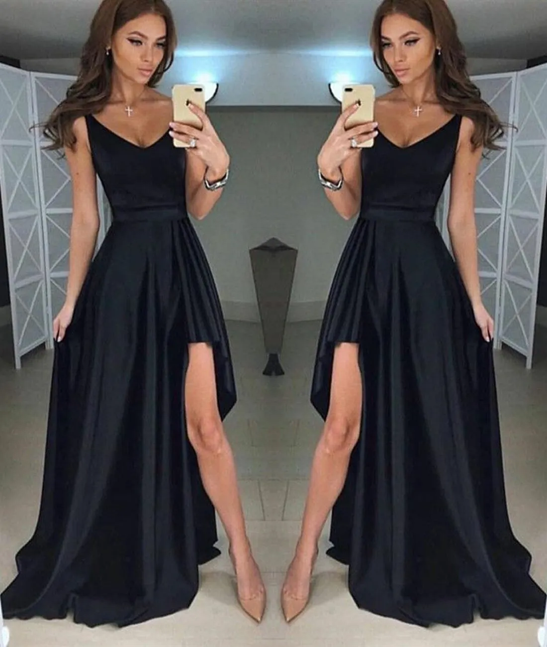 A Line V Neck Asymmetry Floor Length Black Prom Dresses with Pleats, V Neck Black Formal Evening Dresses, Black Graduation Dresses