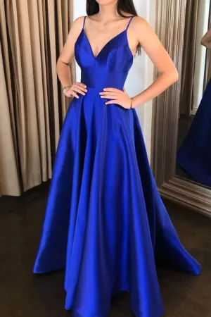 A Line V Neck Royal Blue Satin Long Prom Dress, Royal Blue Formal Graduation Evening Dress