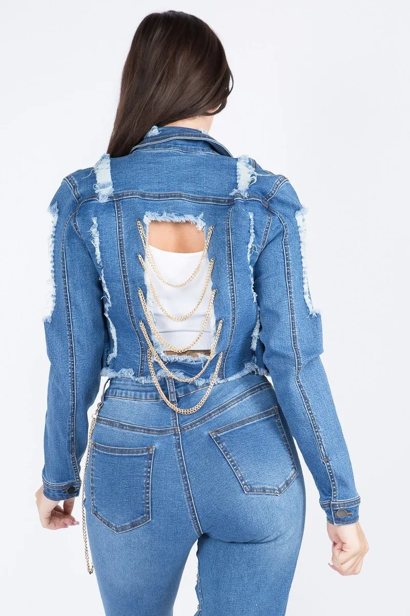 Anya Distressed Dark Blue Cropped Denim Jacket With Chains