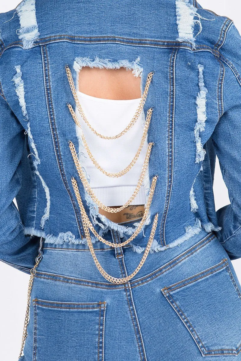 Anya Distressed Dark Blue Cropped Denim Jacket With Chains