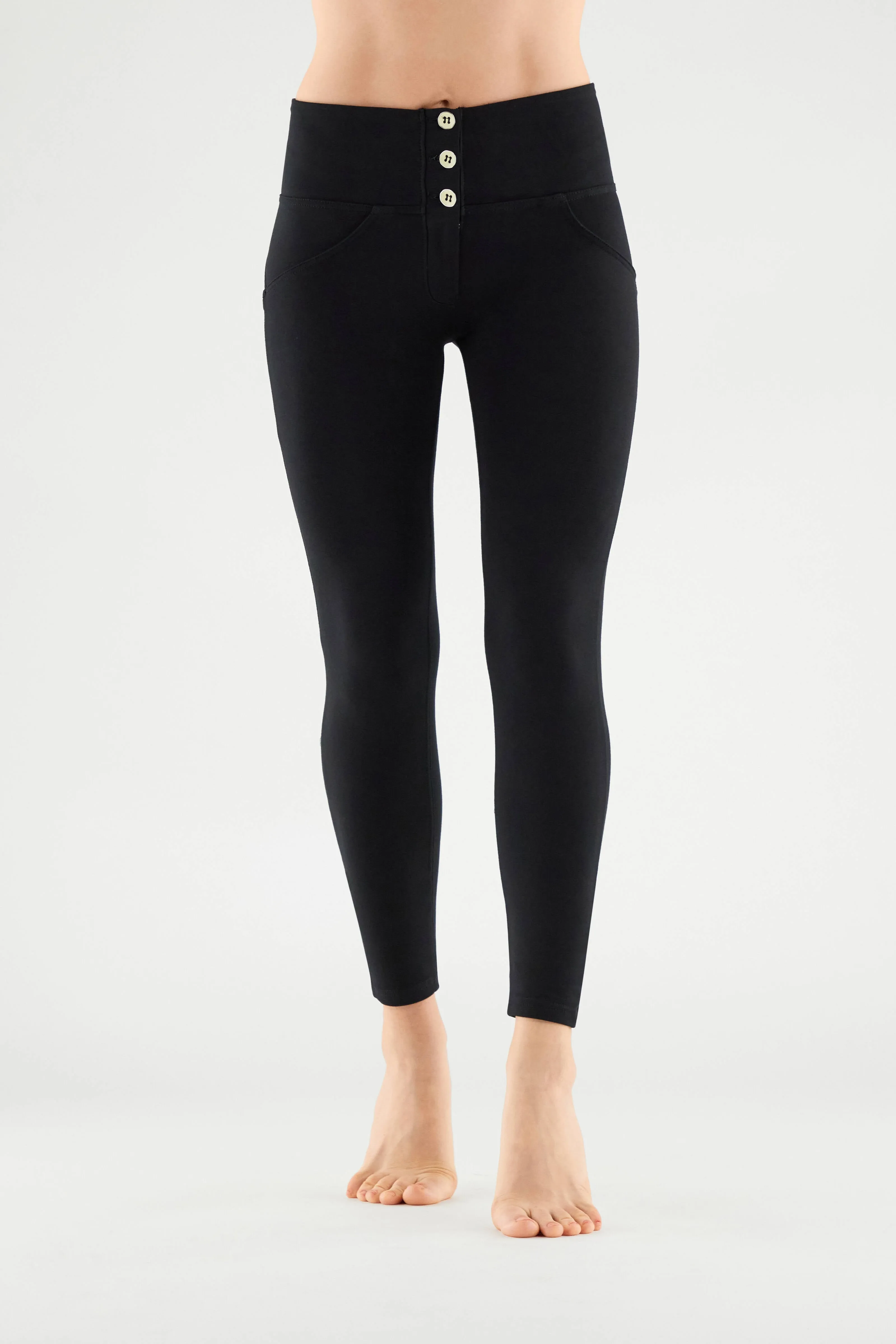 High-Waisted Skinny Black Cotton Pants with 3-Button Ankle Fit