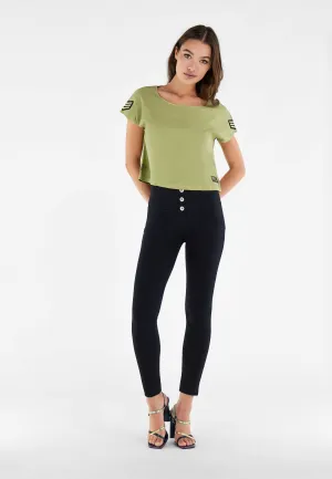 High-Waisted Skinny Black Cotton Pants with 3-Button Ankle Fit