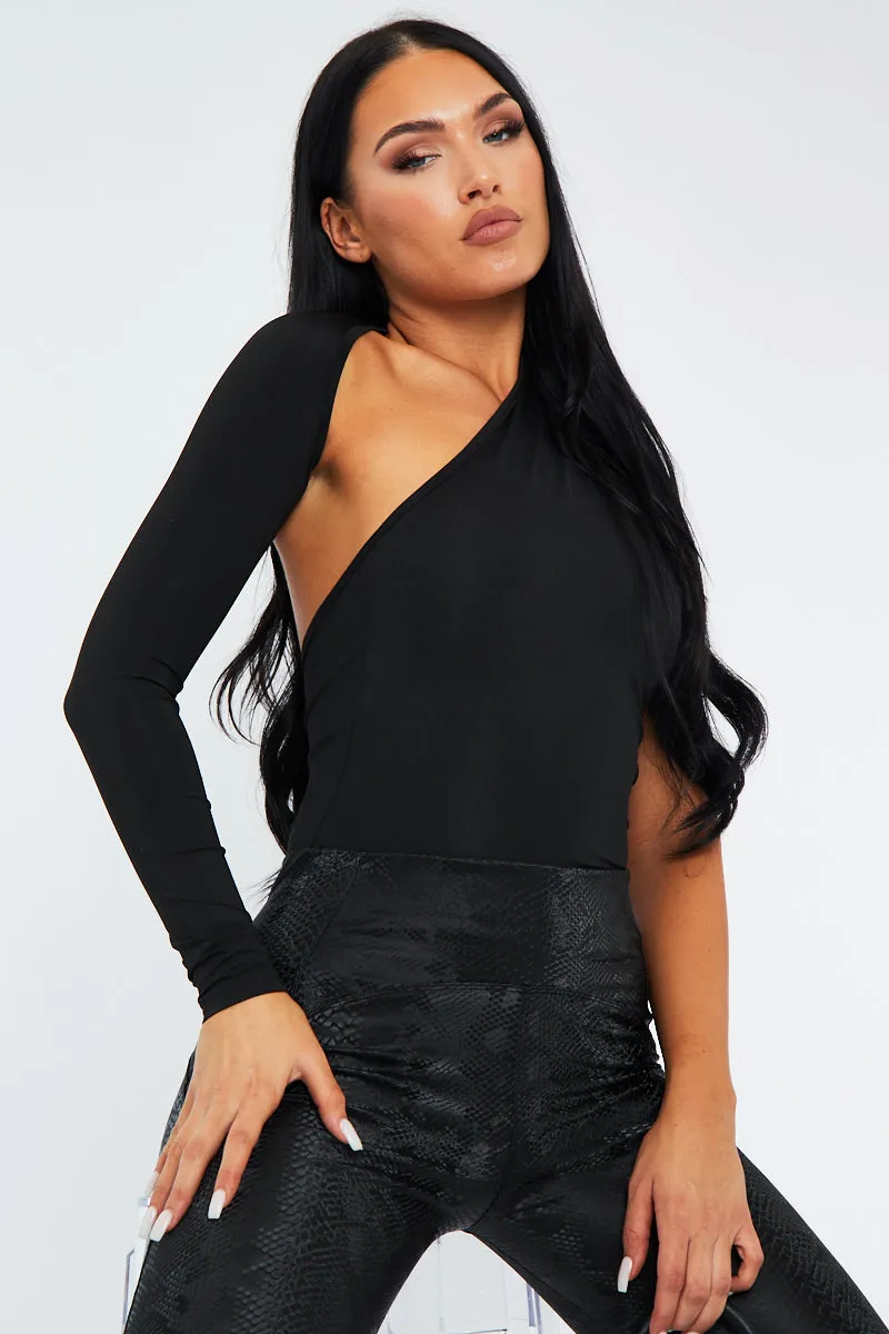 Black One Sleeve Slinky Bodysuit - Adeen