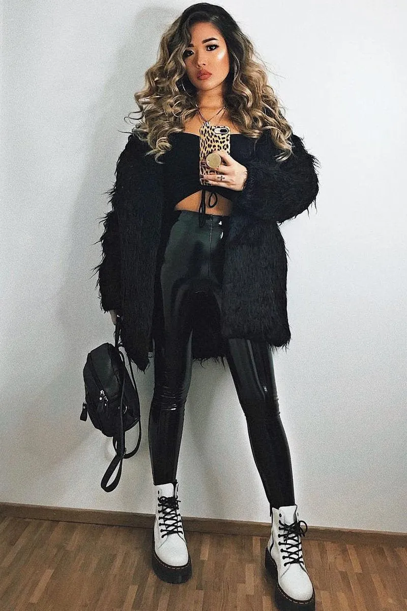 Black Shaggy Faux Fur Coat - Evalina