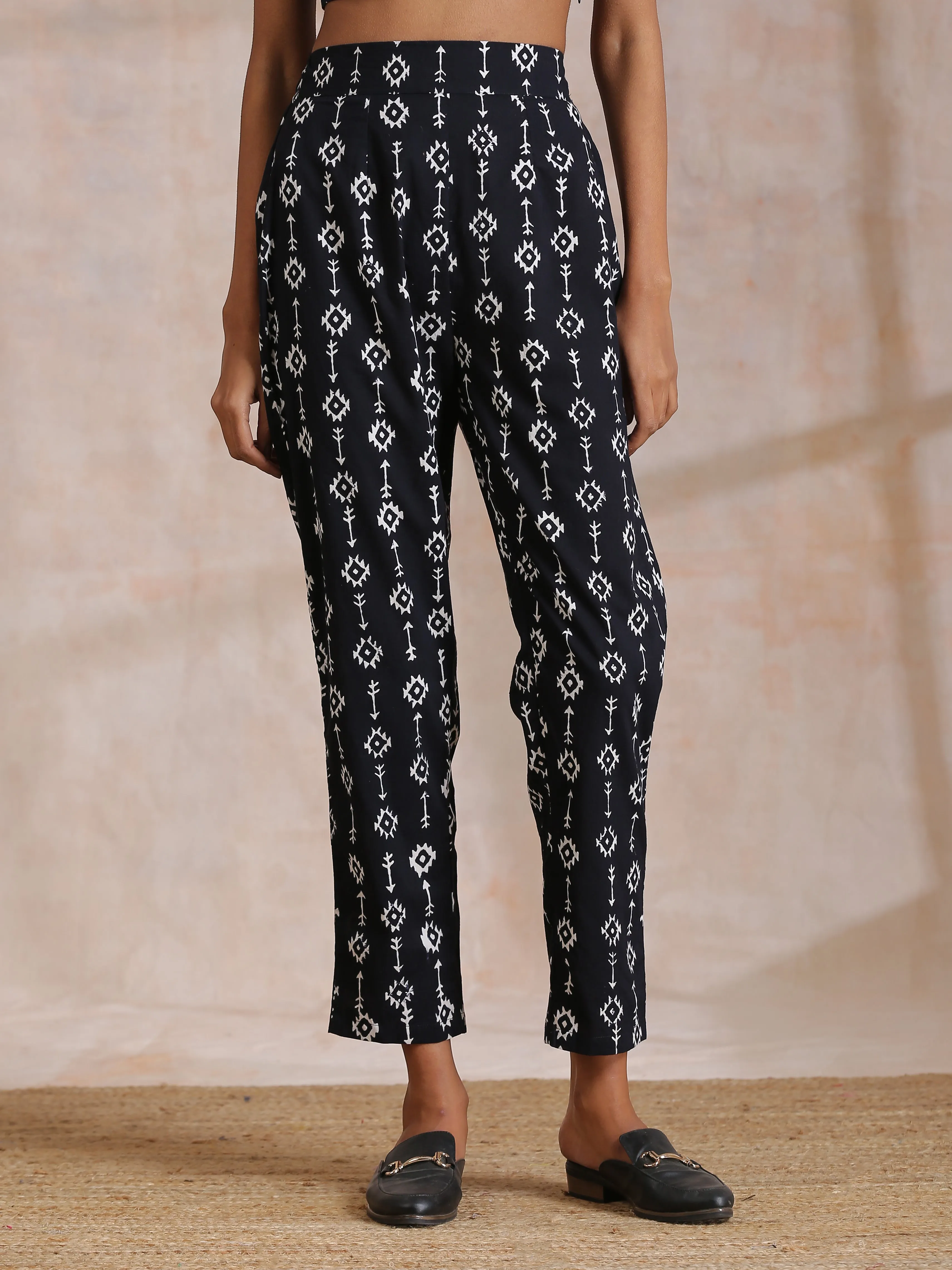 Black White Geometric Print Cotton Pant Suit Set