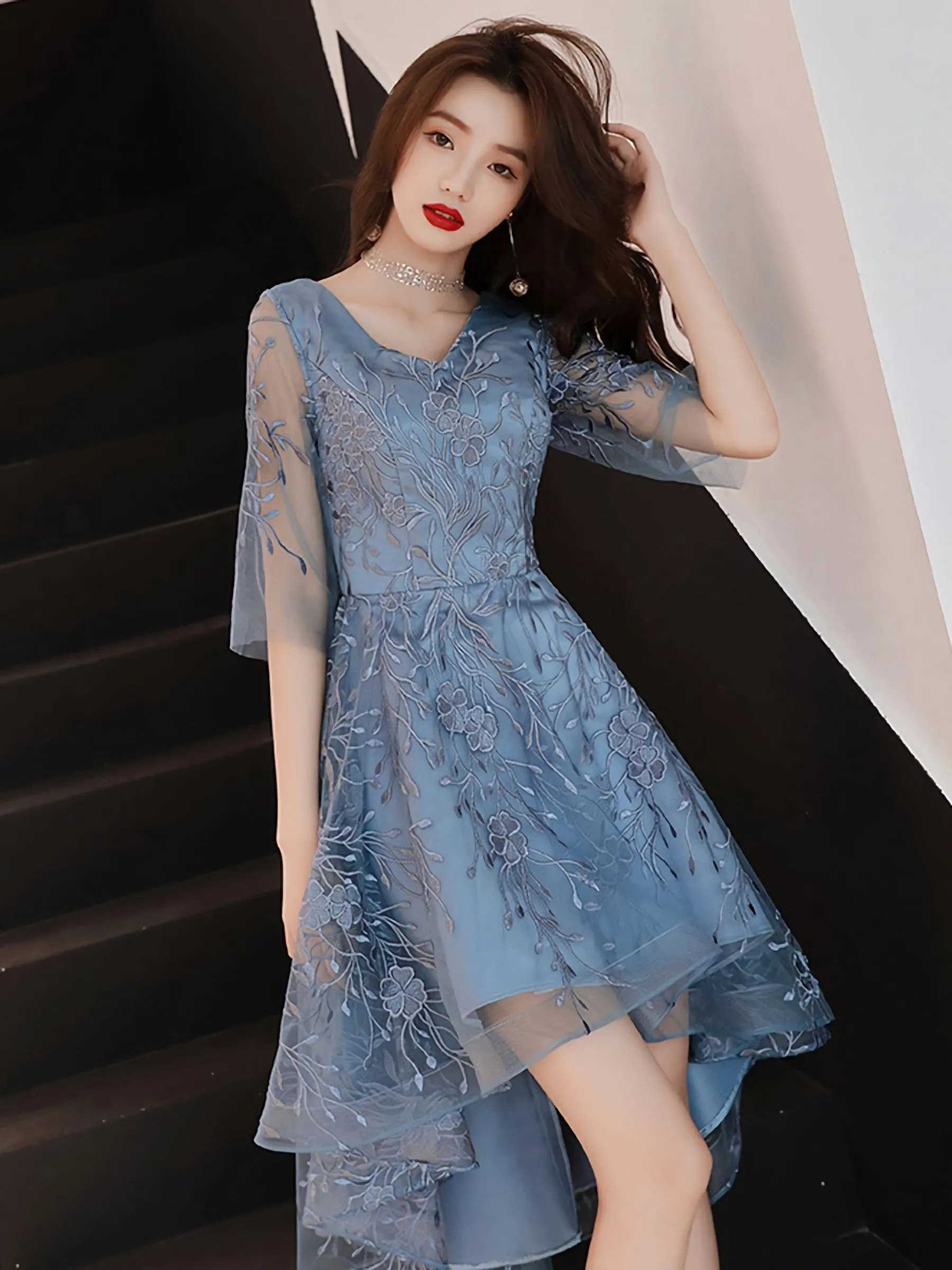 Blue V Neck Tulle Lace High Neck Prom Dress Blue Lace Homecoming Dress