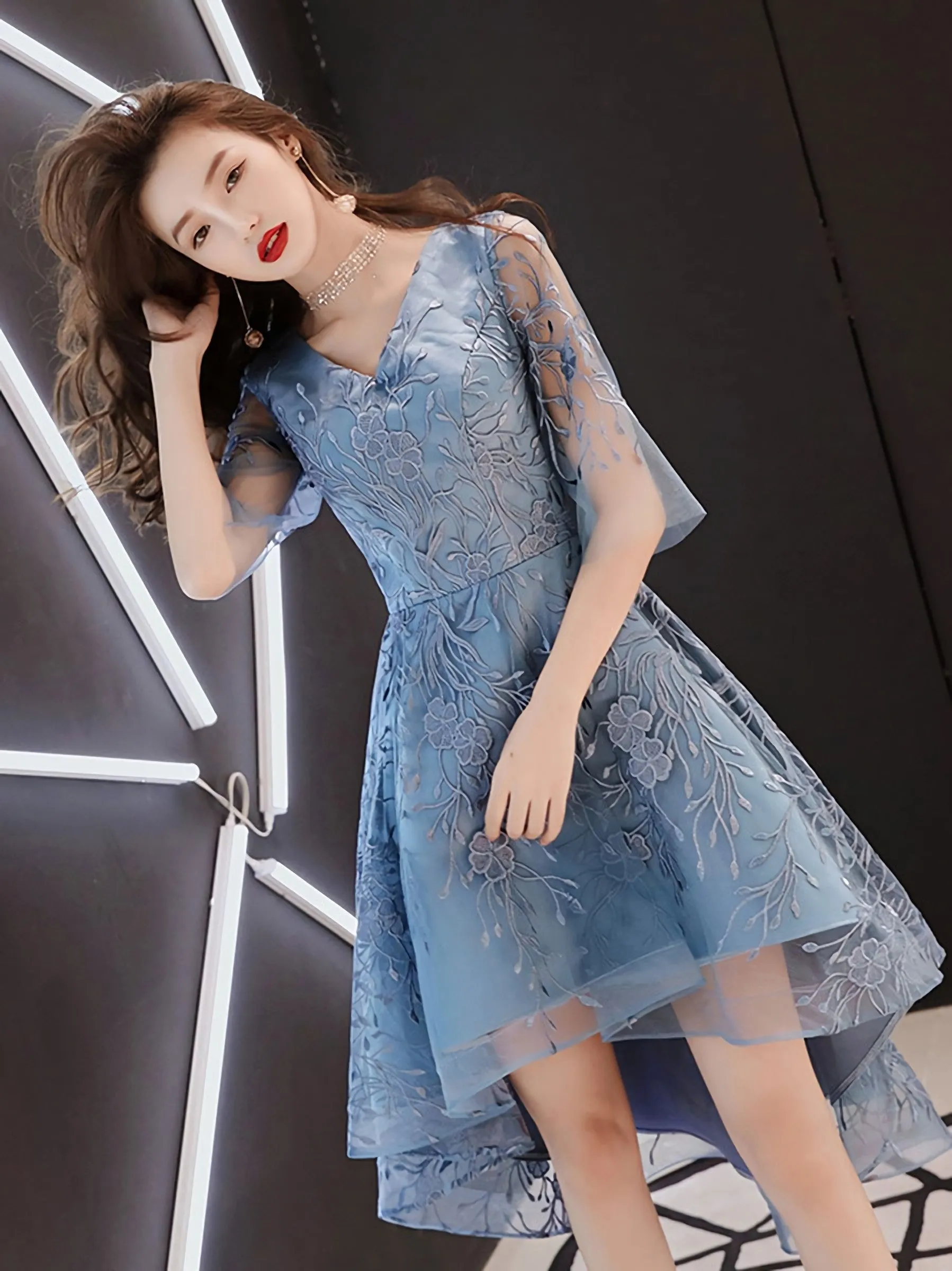 Blue V Neck Tulle Lace High Neck Prom Dress Blue Lace Homecoming Dress