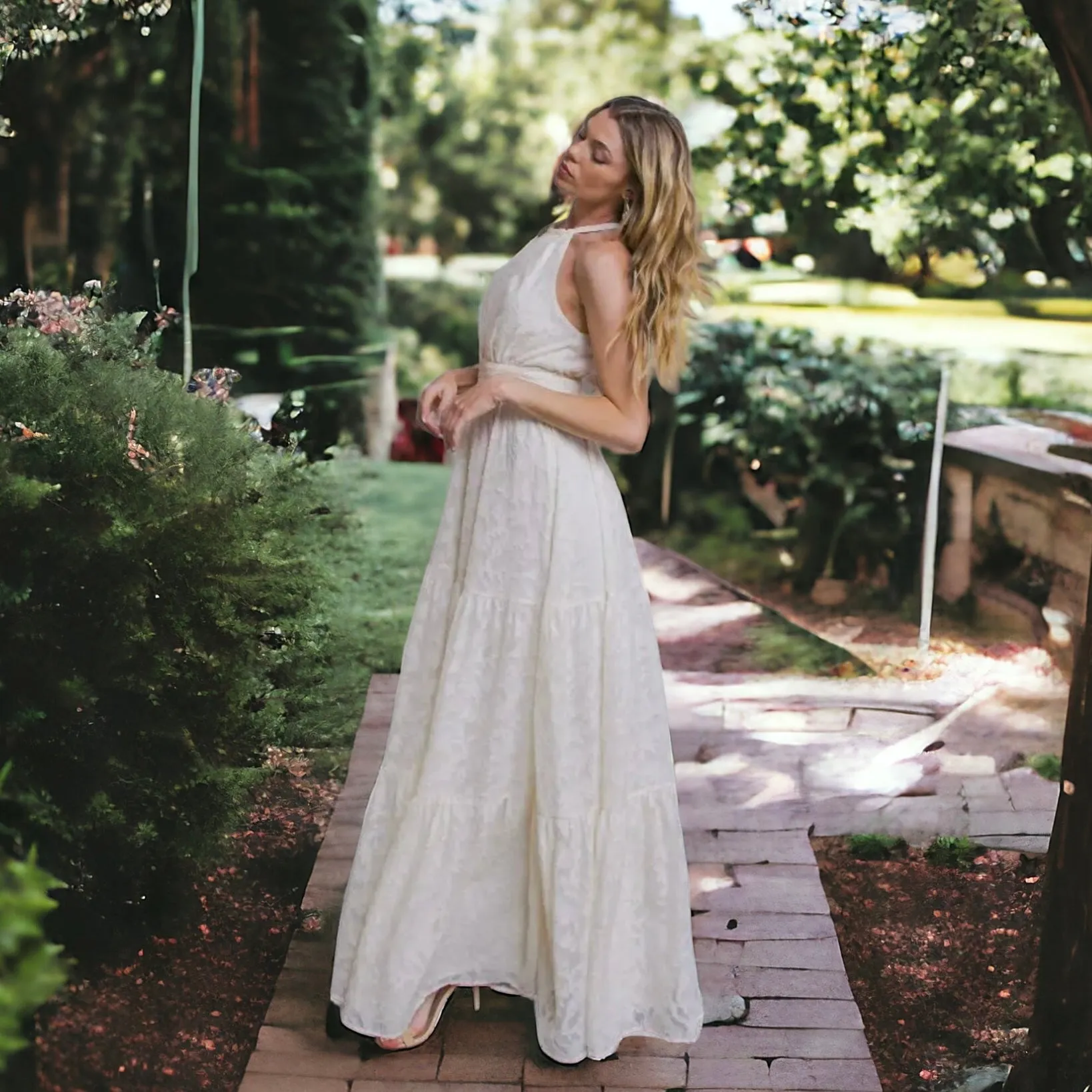 Bohemian Vintage Cream Floral Beach Wedding Halter Neck Dress, Sleeveless Maxi Cream Beach Wedding Dress