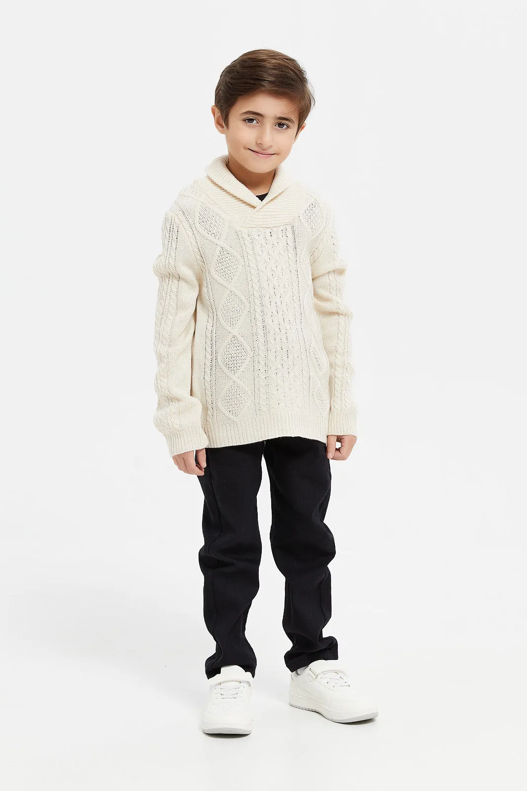 Boys Beige Knitted High Neck Jumper