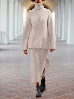 Casual High-neck Knitted Top and Skirt Two-piece Suit