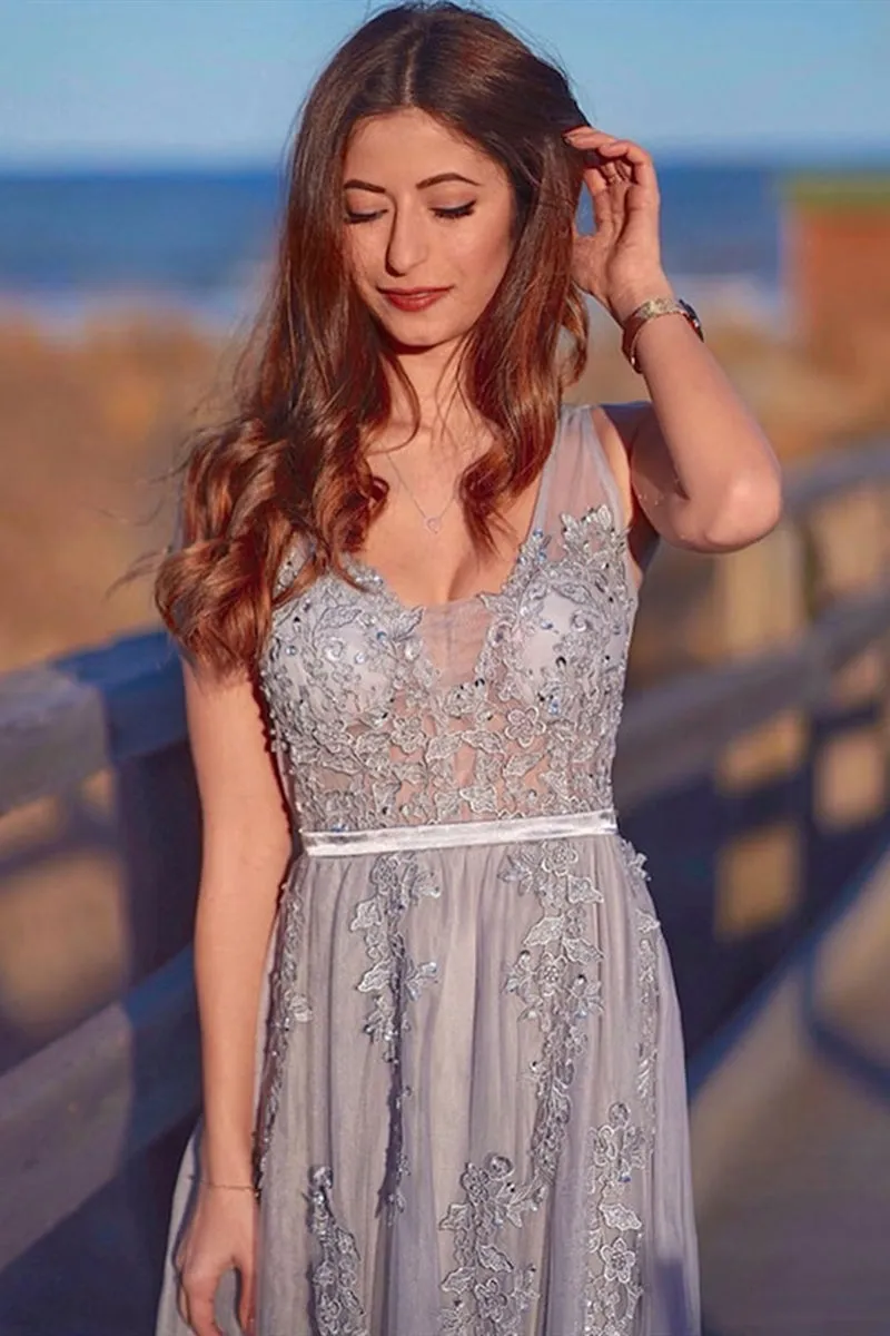 Charming Light Gray Lace V Neck Long Prom Dress, Light Gray Lace Formal Graduation Evening Dress