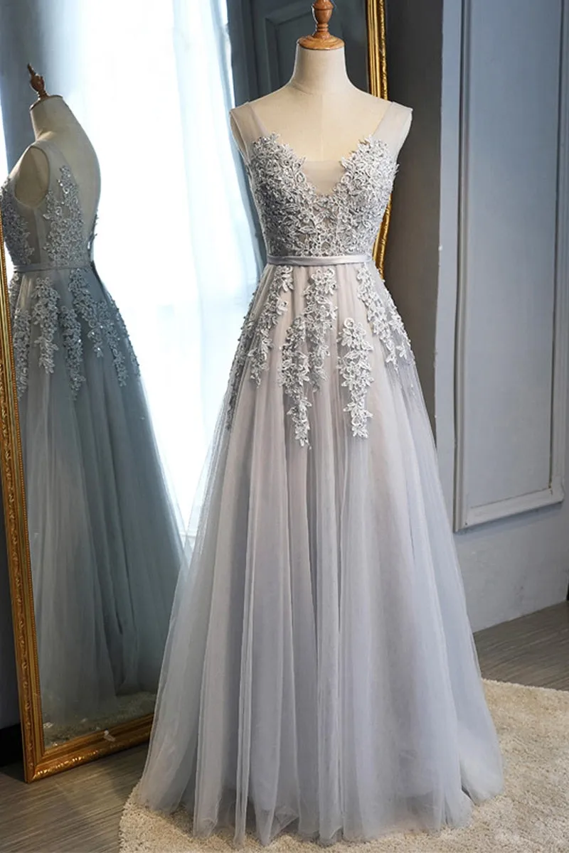 Charming Light Gray Lace V Neck Long Prom Dress, Light Gray Lace Formal Graduation Evening Dress