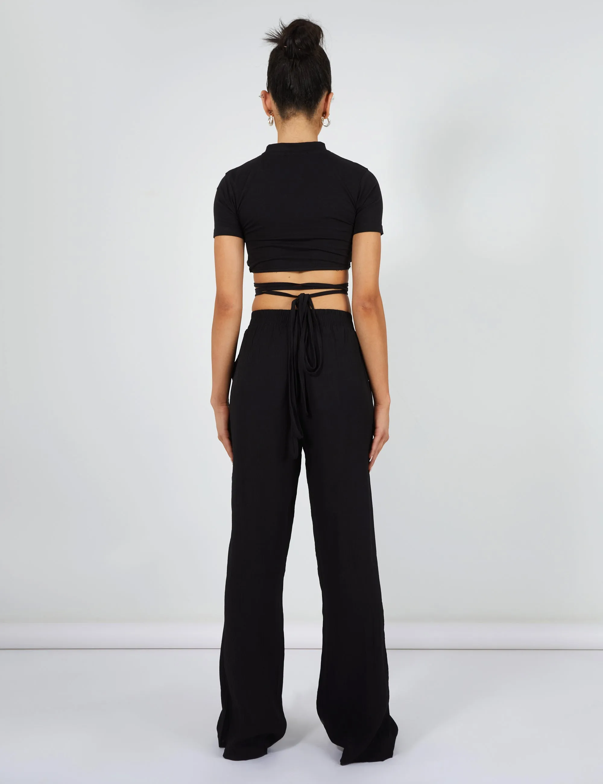 Crinkle Elasticated Waist Wide Leg Trousers Black