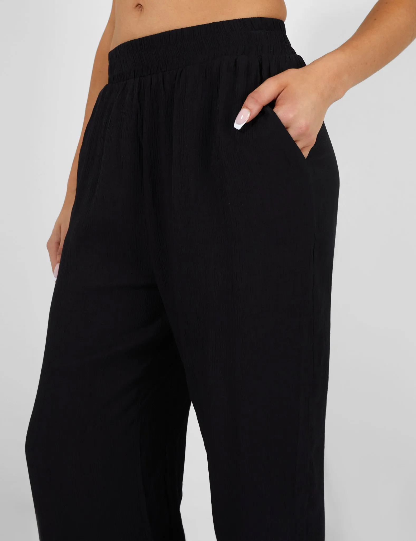 Crinkle Elasticated Waist Wide Leg Trousers Black