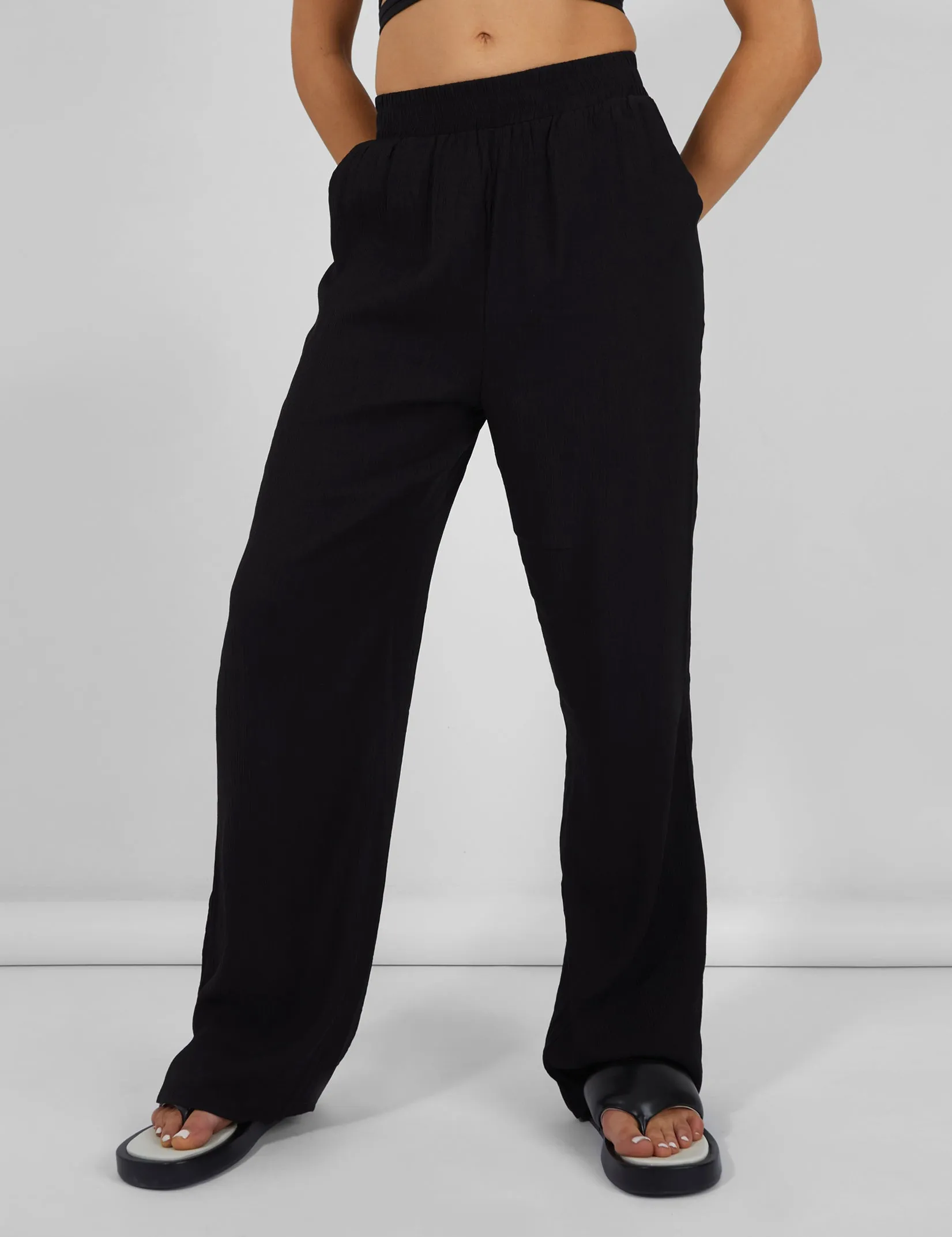 Crinkle Elasticated Waist Wide Leg Trousers Black