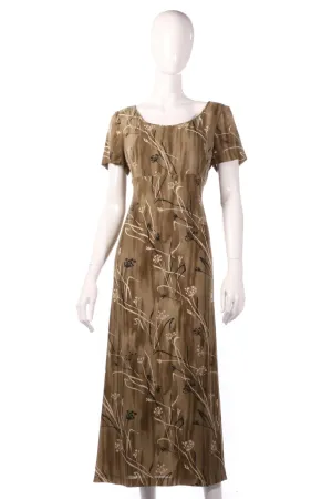 Due Per Due 100% Silk Dress Khaki Cream and Black Floral Pattern Size 10