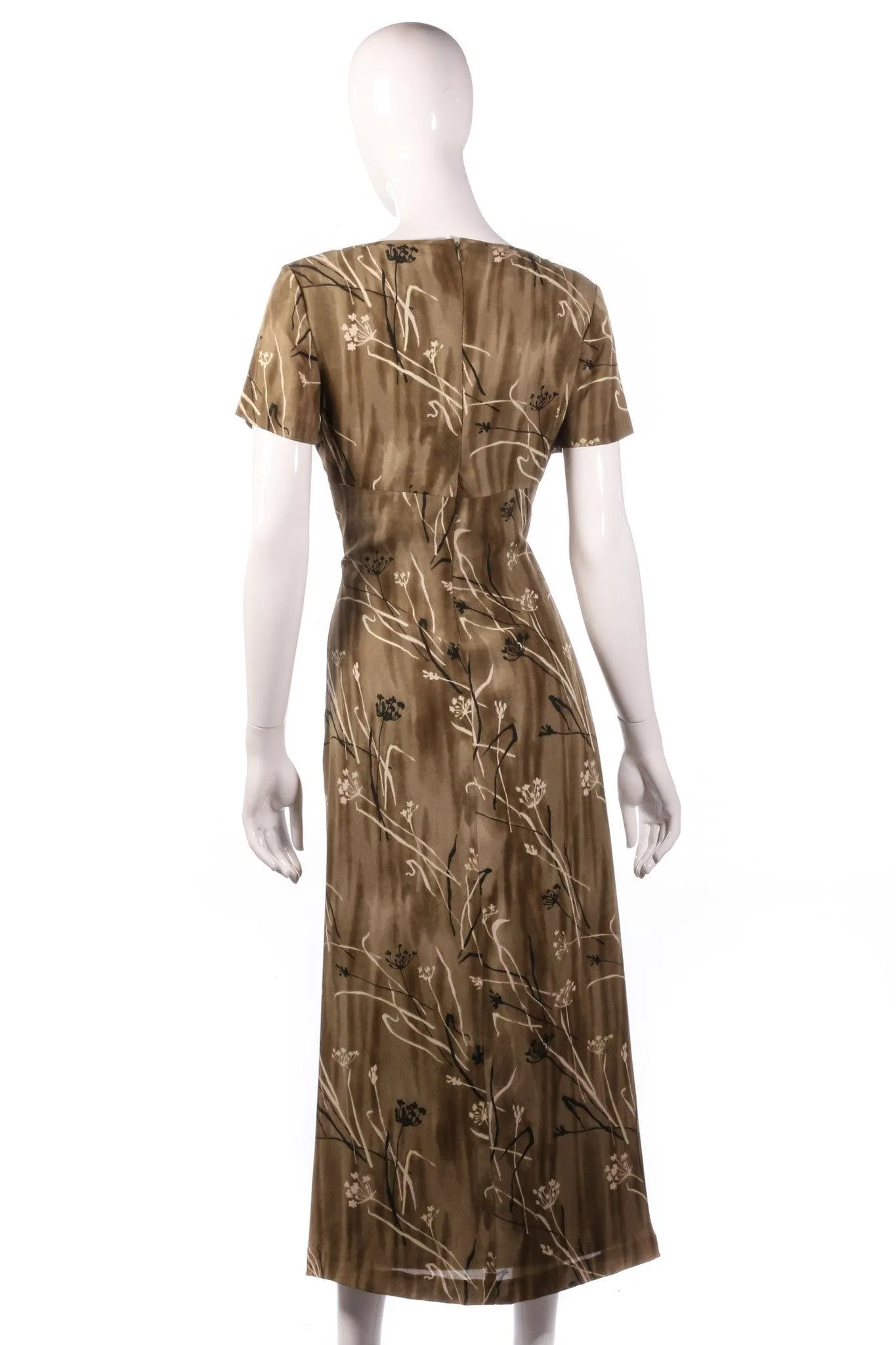 Due Per Due 100% Silk Dress Khaki Cream and Black Floral Pattern Size 10