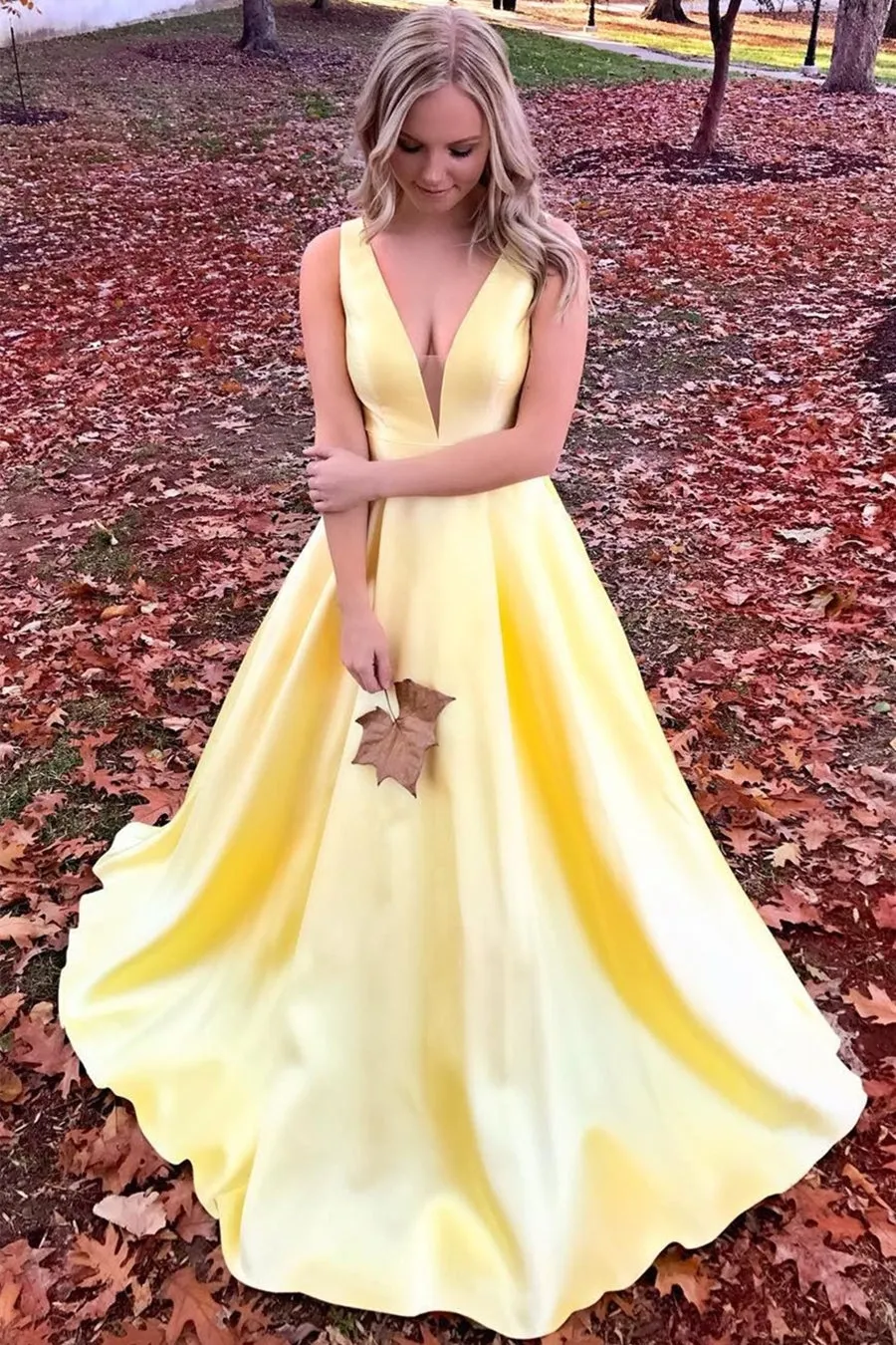 Elegant V Neck Open Back Yellow Long Prom Dress, Yellow Formal Graduation Evening Dress, Party Dress