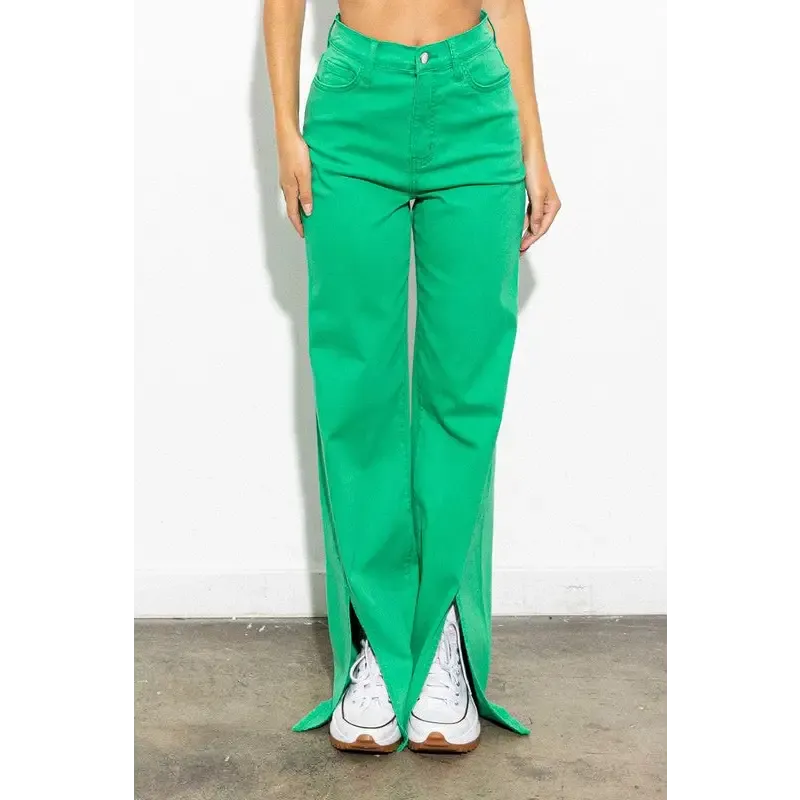 Front Slit Wide Leg Tencel Pants