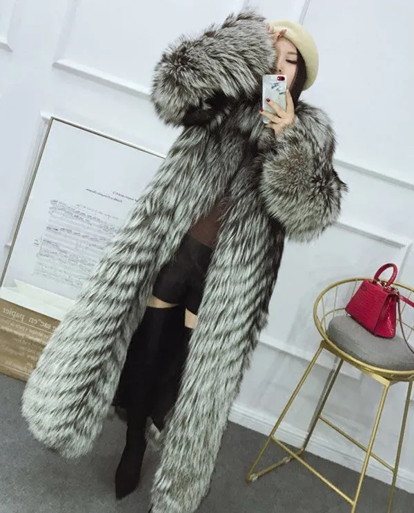 Full length Silver Fox Fur Long Coat