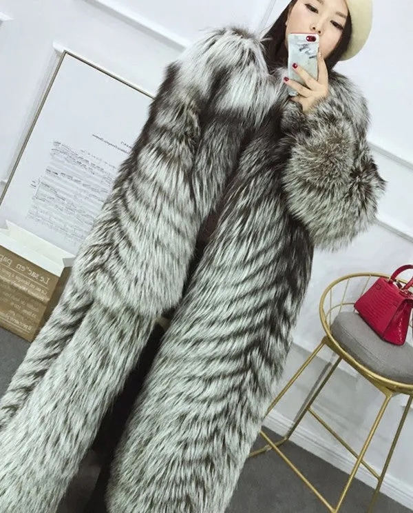 Full length Silver Fox Fur Long Coat