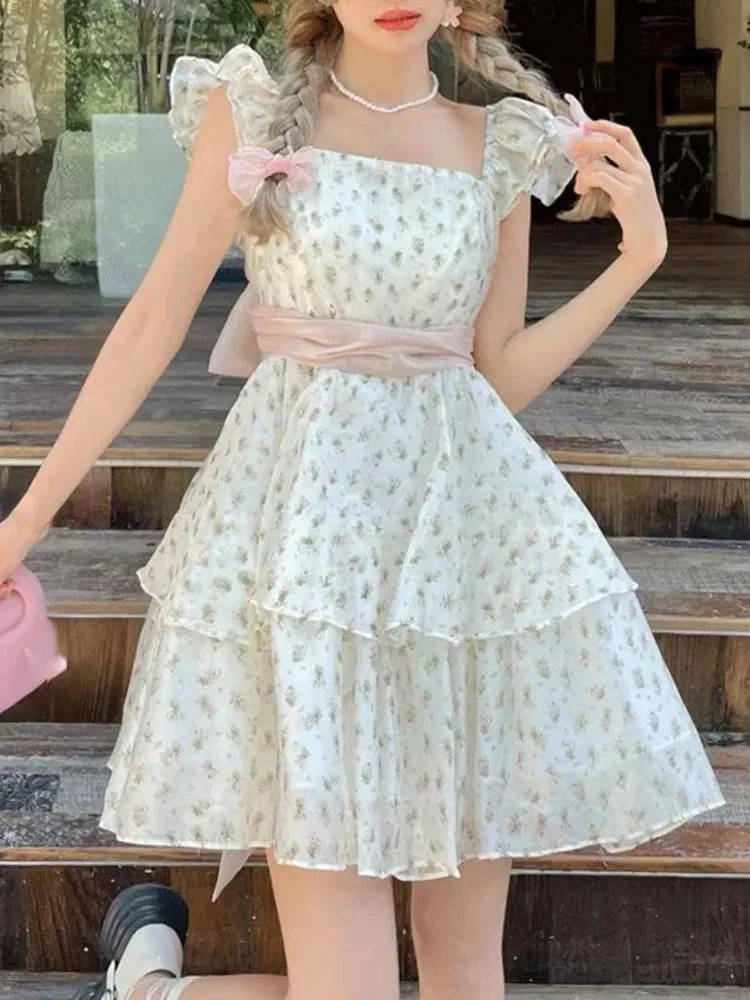 Girlary Flying Sleeve Kawaii Sweet Dress Women Flower Print France Vintage Mini Dress Female Bow Cute Designer Causal Dress Summer