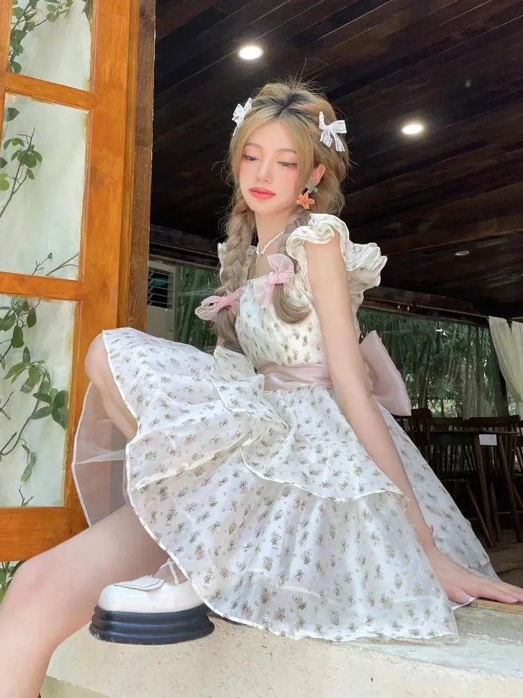 Girlary Flying Sleeve Kawaii Sweet Dress Women Flower Print France Vintage Mini Dress Female Bow Cute Designer Causal Dress Summer