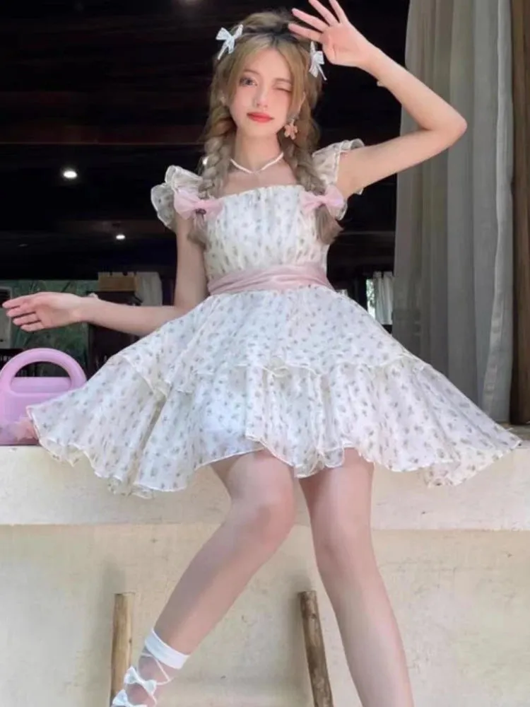 Girlary Flying Sleeve Kawaii Sweet Dress Women Flower Print France Vintage Mini Dress Female Bow Cute Designer Causal Dress Summer