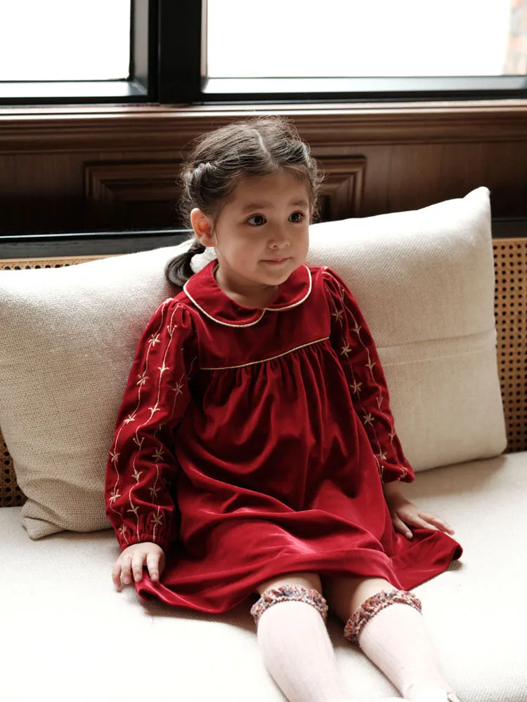 Girls' Elegant Holiday Party  Christmas Velvet Dress with Gold Embroidery