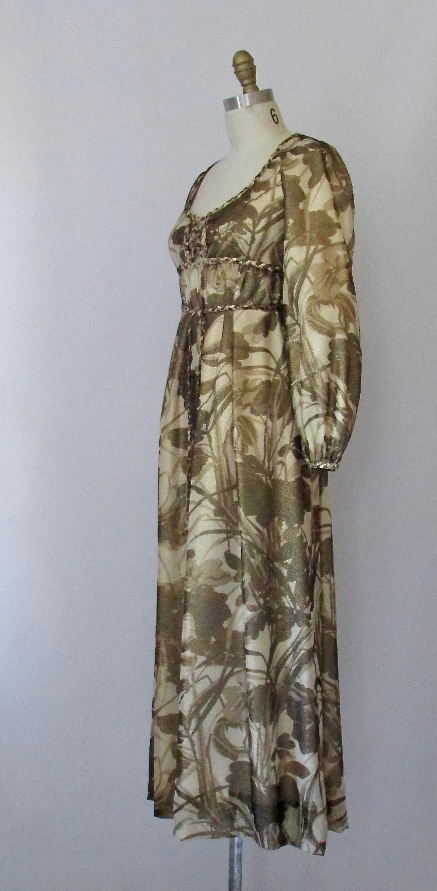 GOLDEN RENAISSANCE 1960s Floral Gold Metallic Empire Waist Maxi Gown, Size Small