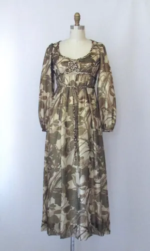 GOLDEN RENAISSANCE 1960s Floral Gold Metallic Empire Waist Maxi Gown, Size Small