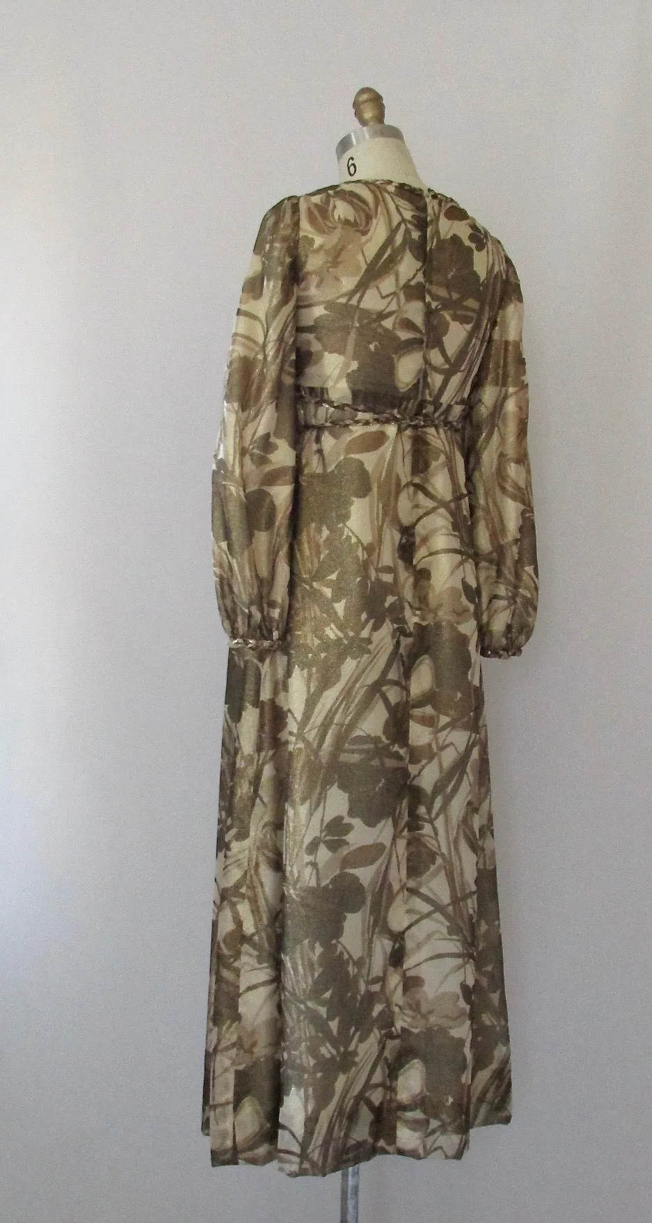 GOLDEN RENAISSANCE 1960s Floral Gold Metallic Empire Waist Maxi Gown, Size Small