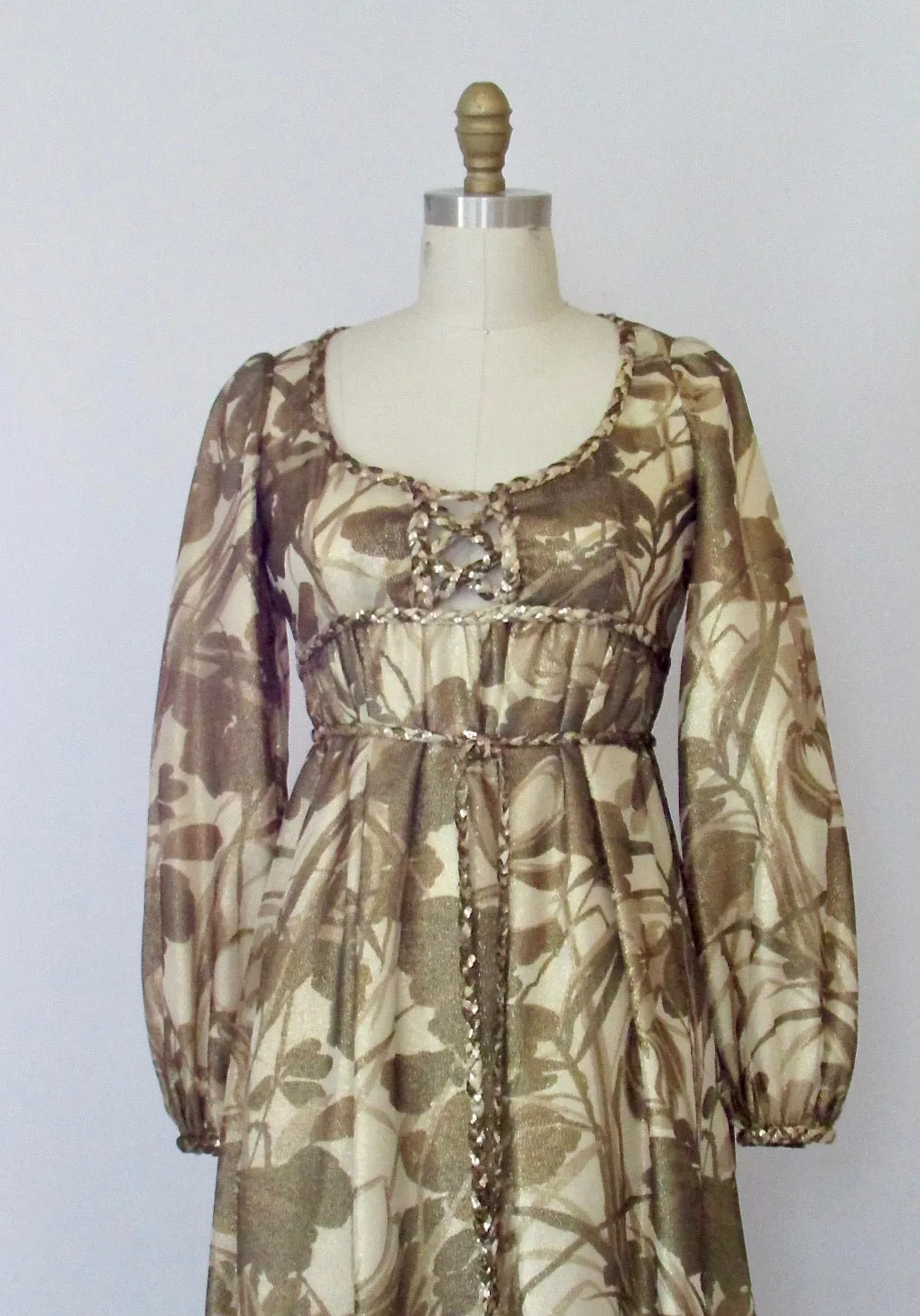 GOLDEN RENAISSANCE 1960s Floral Gold Metallic Empire Waist Maxi Gown, Size Small