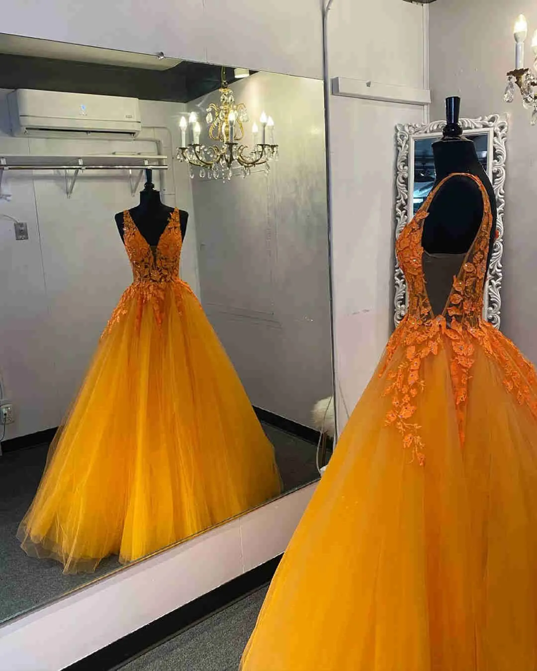 Gorgeous V Neck Orange Lace Floral Long Prom Dress, Orange Lace Formal Dress, Orange Evening Dress