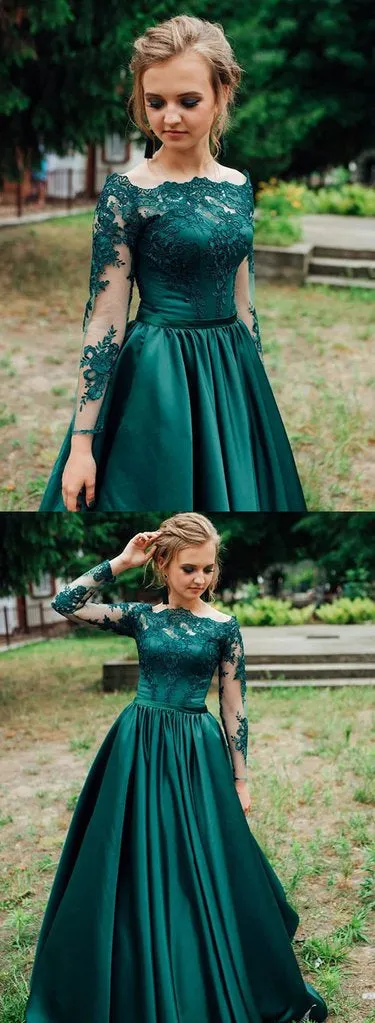 Green Long Sleeves Lace Satin Long Prom, Green Lace Formal, Green Lace Evening