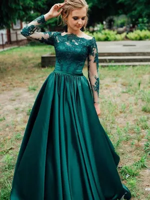 Green Long Sleeves Lace Satin Long Prom, Green Lace Formal, Green Lace Evening