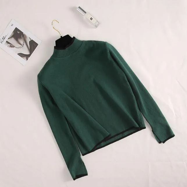 Half High Neck Side Contrast Color Slit Knitted Sweater