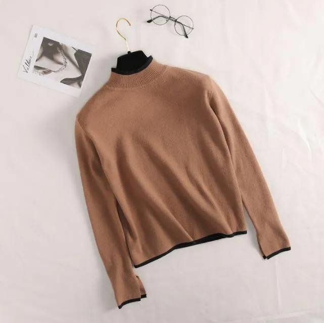 Half High Neck Side Contrast Color Slit Knitted Sweater