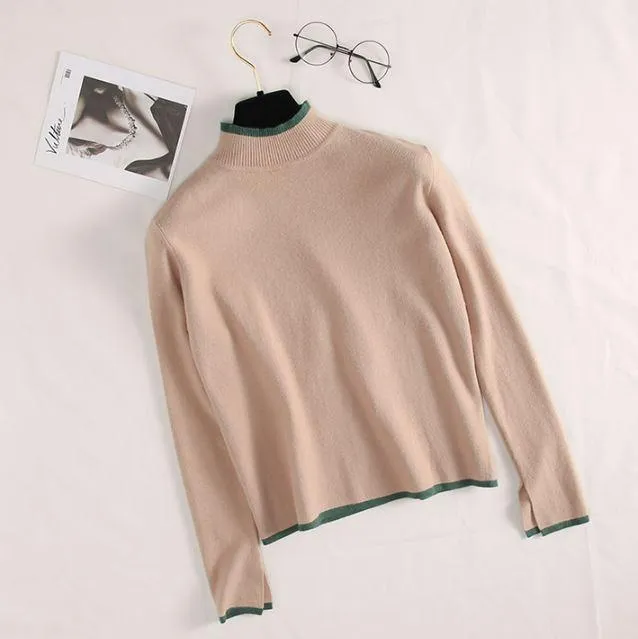 Half High Neck Side Contrast Color Slit Knitted Sweater